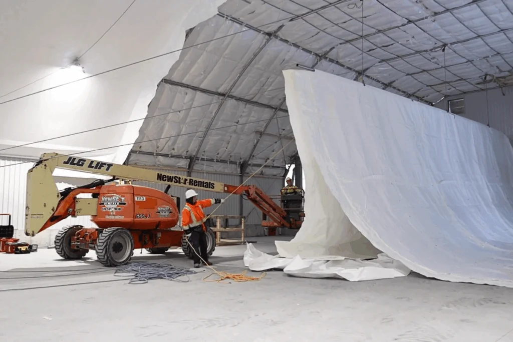Workers install fabric structure insulation using a JLG lift inside a large, arched fabric building, showing the material being pulled into place for improved thermal performance.