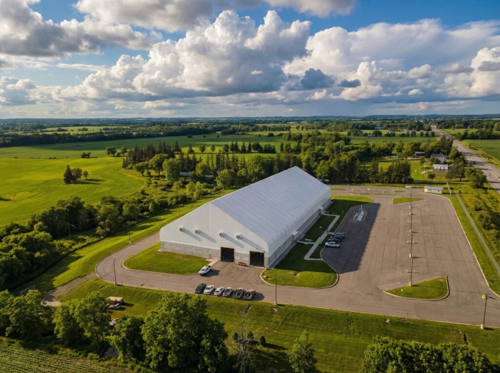Aerial view of a long white tension fabric building, demonstrating the durable construction of Britespan fabric structures in a rural setting, illustrating how long fabric buildings last.